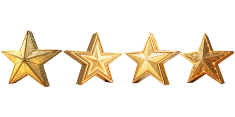 Four gleaming golden stars are presented against a solid transparent background, perfect for use in awards graphics, rating systems, or adding a touch of luxury.