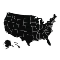 Black and white outline map of the United States, including all states and their borders.