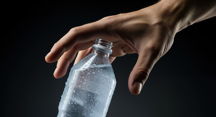 Hand protecting glass bottle with water droplets on dark background. Environmental protection and water conservation concept. Sustainability and eco-friendly campaigns