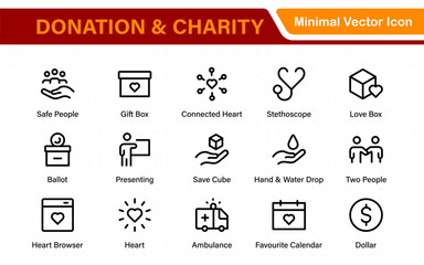 Donation and Charity Icons Collection. Outline Symbols for Giving, Community Help, Volunteering, and Humanitarian Aid.