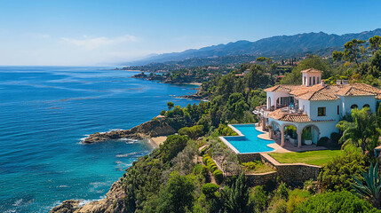 Aerial view of a luxury villa with pool overlooking the ocean on a sunny day with mountains in distance
