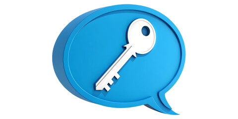 Conceptual illustration showing a white key inside a blue speech bubble against a black backdrop, ideal for security concepts, chat encryption, or access control themes, transparent background