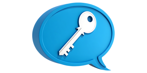 Conceptual illustration showing a white key inside a blue speech bubble against a black backdrop, ideal for security concepts, chat encryption, or access control themes, transparent background