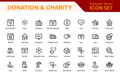 Donation and Charity Icons Collection. Outline Symbols for Giving, Community Help, Volunteering, and Humanitarian Aid.
