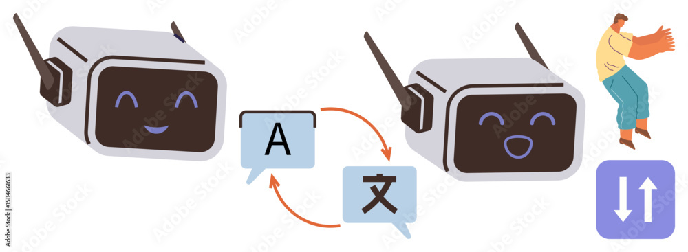 Poster smiling robots exchanging translated text, language icons, person interacting, arrows showing exchan