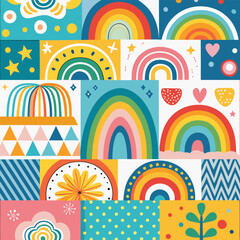 Rainbow vector geometric seamless patterns collection. Set of bright colorful backgrounds with modern minimal labels. Cute abstract geometrical textures. Simple pattern design for babies, kids, decor