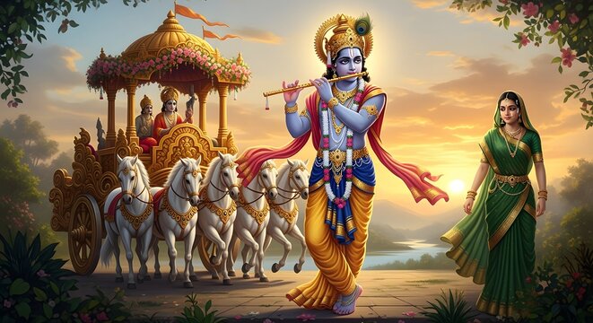 Krishna, flute in hand, walks beside Radha near a majestic chariot pulled by white horses at sunset. - Powered by Adobe