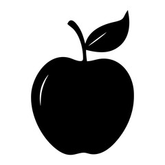 black silhouette of an apple with a stem and single leaf 