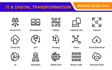 IT and Digital Transformation Icon Set. Collection of High‑Quality Information Technology Icons. Industry 4.0, Big Data, AI, and Tech Progress Symbols.