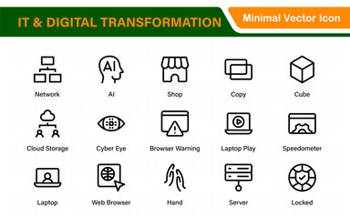 IT and Digital Transformation Icon Set. Collection of High‑Quality Information Technology Icons. Industry 4.0, Big Data, AI, and Tech Progress Symbols.