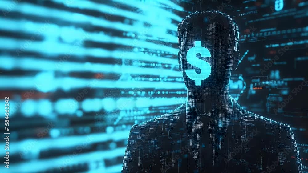 Poster digital composite of a silhouetted figure with a dollar sign replacing the face. a glowing blue back