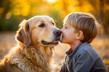 A young boy is hugging a golden retriever