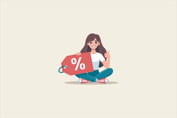 Vector illustration of a smiling young woman sitting cross-legged while holding a red discount tag with a percentage symbol and giving a thumbs-up. Flat design.