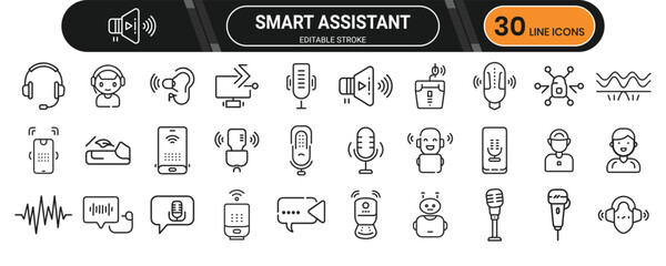 Smart assistant and voice command icons featuring mic, AI speaker, voice input, smart control, and virtual assistant features.