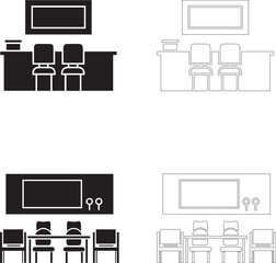 Teachers Day classroom desk chairs books and board vector icons filled and outline set