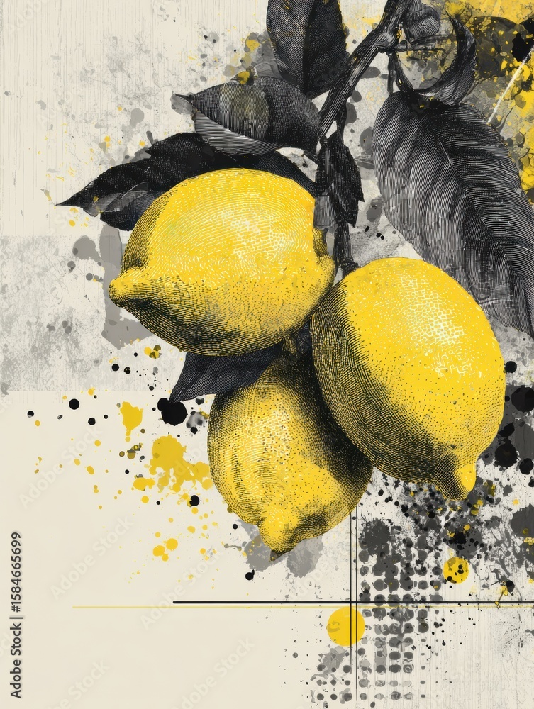 Poster layered digital collage of lemons with ink splatter effect creating a vibrant visual composition for