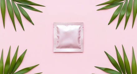 Product mockup with palm leaves on pink background for beauty and skincare packaging design concept