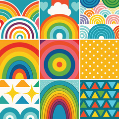 Rainbow vector geometric seamless patterns collection. Set of bright colorful backgrounds with modern minimal labels. Cute abstract geometrical textures. Simple pattern design for babies, kids, decor