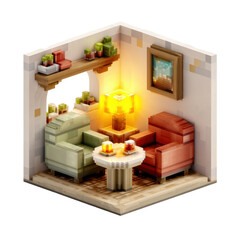 Cozy Pixel Art Cafe Nook Diorama Featuring Armchairs Table Lamp Beverages in Warm Lighting