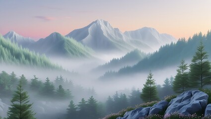 A misty mountain landscape with evergreen trees and rocky foreground