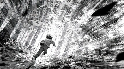 Obraz premium A grayscale illustration of a person running through a forest, with dynamic lines