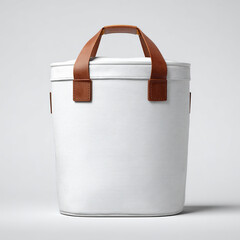 White cylindrical cooler bag with brown leather handles 1