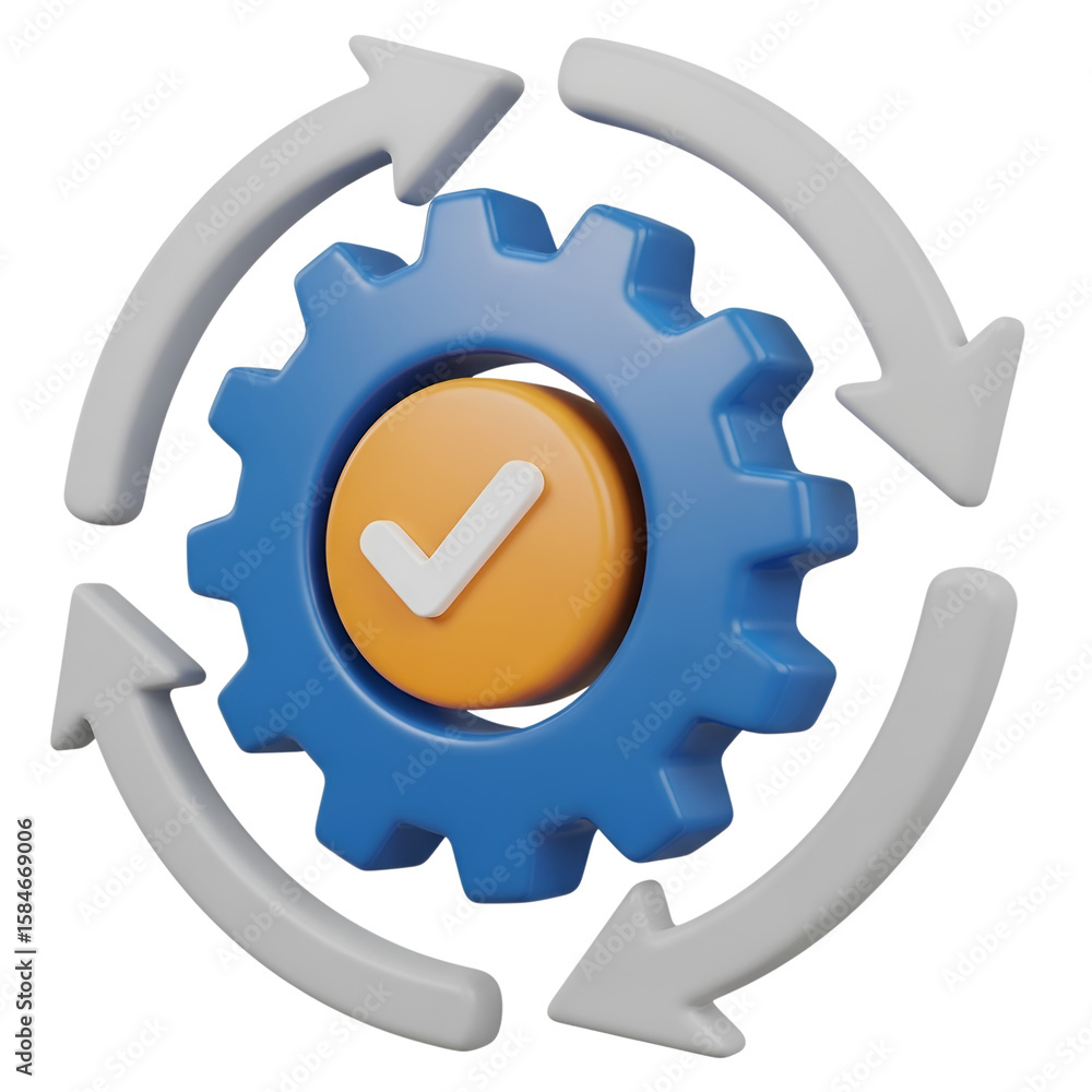 Aufkleber 3d rendering vector icon of a gear with a checkmark inside surrounded by rotating arrows isolated on