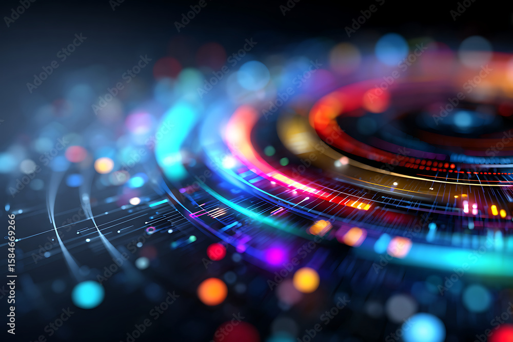 Poster colorful abstract design showcasing vibrant circular patterns and dynamic energy in a dark backgroun