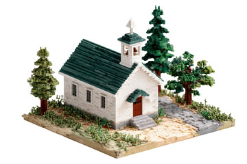 Detailed Diorama of a Vintage One-Room Schoolhouse with White Building and Green Roof