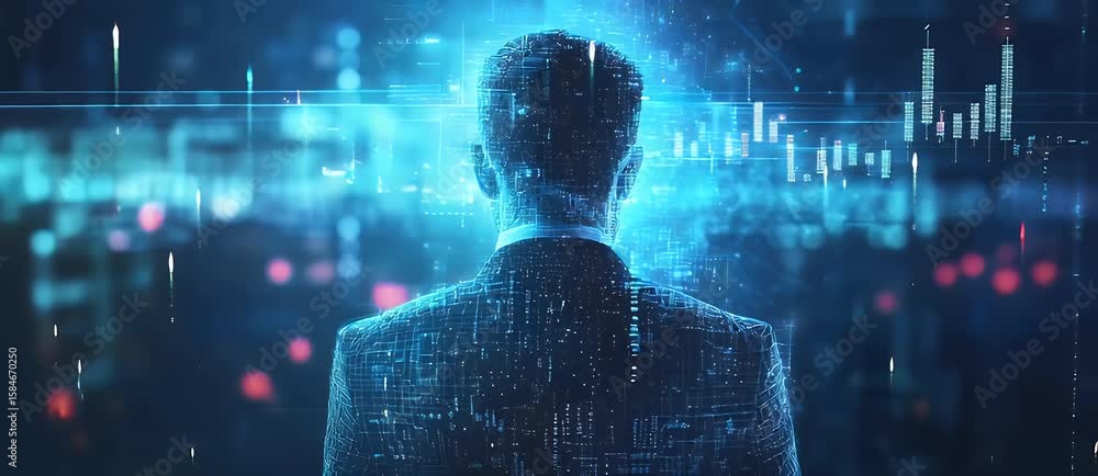 Poster digital silhouette of a person with generic sign head in a futuristic environment. artificial intell