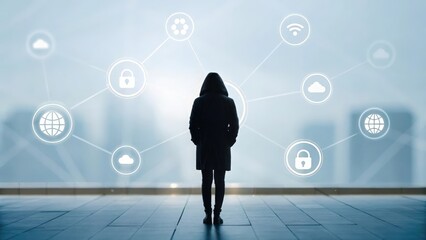 Figure surrounded by floating icons of phishing, virus, and ransomware — overwhelmed by cyber threats
