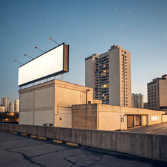 Obraz premium Evening cityscape with a bright blank billboard on a building, glowing against the city lights, creating a modern and eye-catching scene.