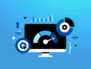 Performance optimization on digital dashboard with indicators for web performance, page speed metrics. Loading speed improvement for seo. Web performance optimization modern flat vector illustration