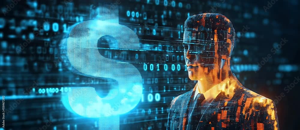 Poster digital businessman in dark suit with binary code matrix and glowing dollar sign business innovation