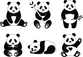 Obraz premium Collection of cute cartoon pandas in various poses and activities on a white background