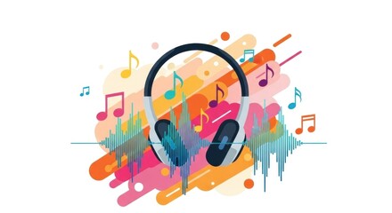 Fototapeta premium Headphones with musical notes and soundwaves art illustration
