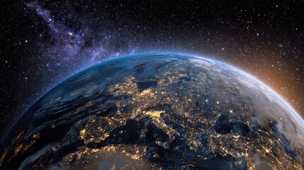 Obraz premium Breathtaking view of planet Earth from space, showcasing its illuminated continents against the backdrop of a star - filled galaxy, highlighting the beauty, vastness, and wonder of our world and the u