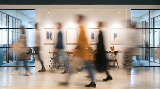 People walking in modern office, Blurred figures in a contemporary workspace, Dynamic office interior with glass walls, Busy professional environment with motion blur.