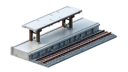 Detailed Train Track Diorama with Platform on a Transparent Background
