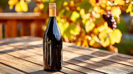 AI generation. A bottle of red wine on the background of an autumn vine.