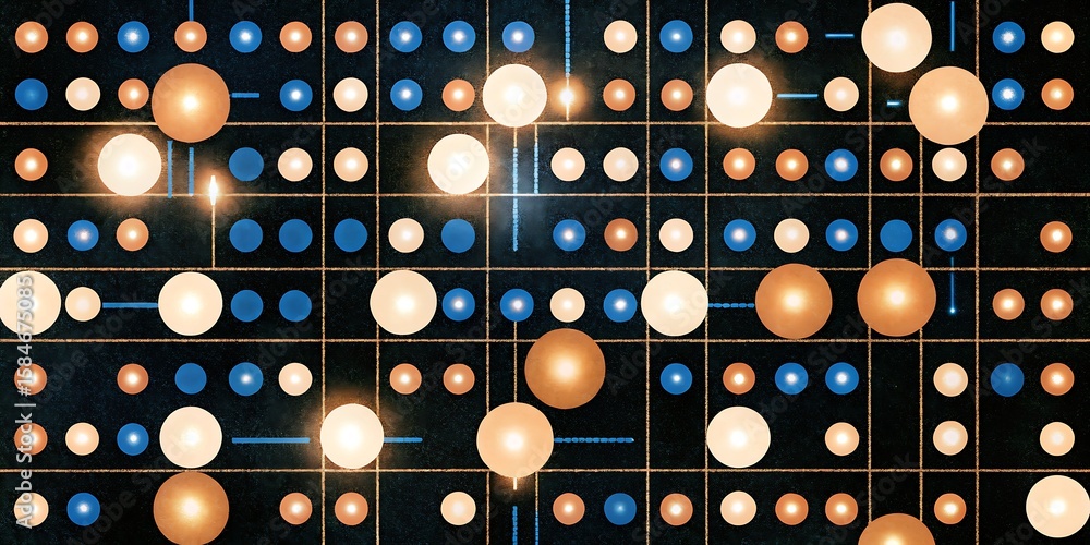 Poster glowing spheres of light connect in a digital network grid, representing data and technology.
