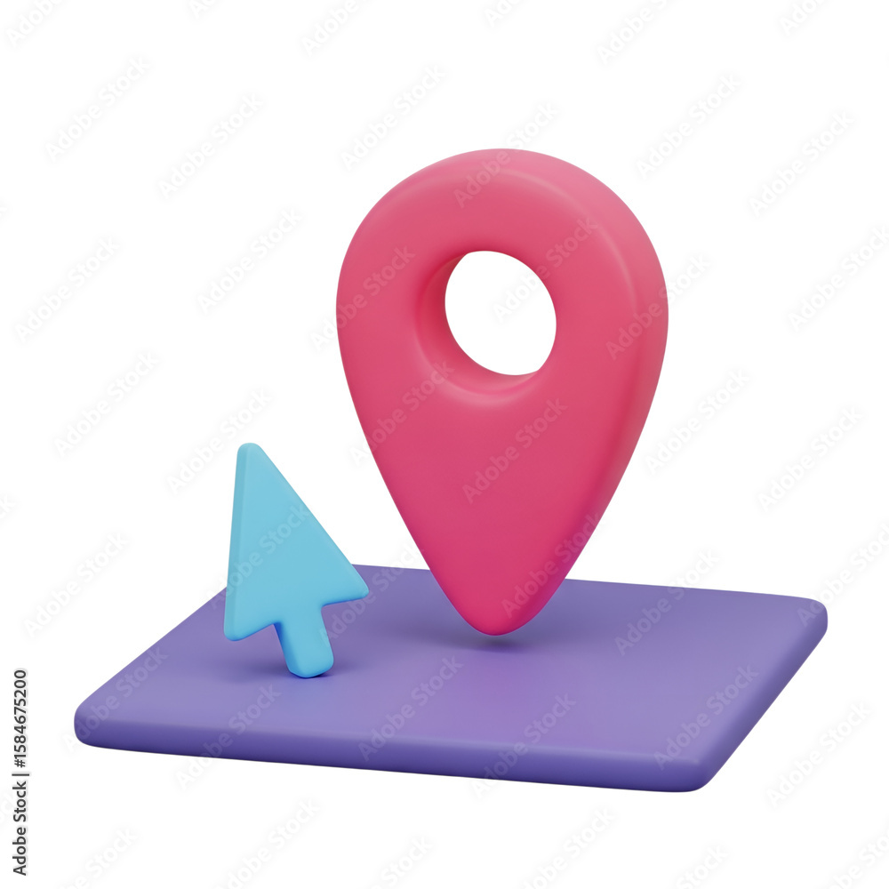 Fototapete 3d rendering vector icon of a pink map pin and a blue cursor on a purple map isolated on transparent