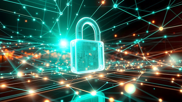 Glowing Digital Padlock Amidst a Secure Global Network, Representing Cybersecurity and Data Protection