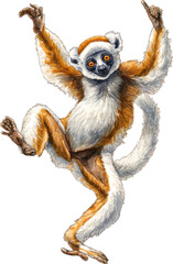 Obraz premium Watercolor painting of a coquerel s sifaka lemur in a playful pose isolated on transparent background