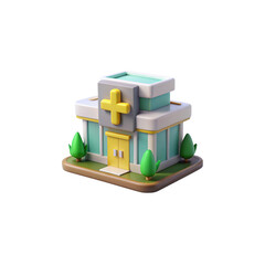 Stylized cartoon hospital building with a prominent yellow cross and trees
