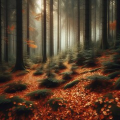 A spruce forest carpeted in fallen oak leaves needles dusted amb