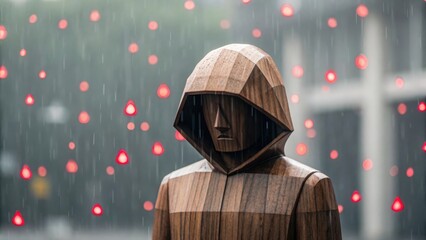 Wooden figure shielding face from falling binary rain with red alert symbols — defense against cyberattack
