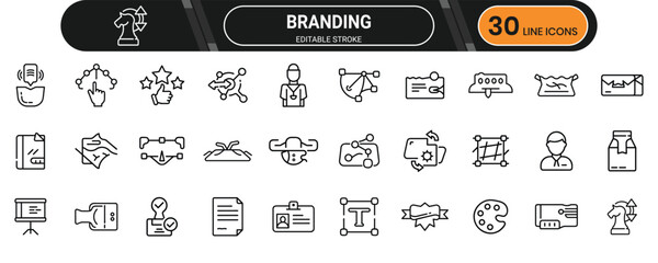 Branding line icons showing logo, visual identity, consistency, design strategy, brand recognition, and marketing visuals