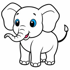 Obraz premium Cute cartoon baby elephant with big blue eyes smiling and waving trunk isolated on white background