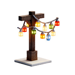 Festive Wooden Post Diorama with Colorful String Lights on Transparent Background